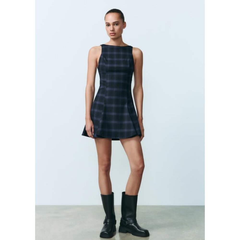 Zara Navy and Black Plaid Mini Dress